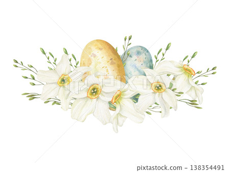Watercolor Easter multicolored eggs with daffodils on isolated background. Traditional spring holiday symbol and flowers clip art. Decorative composition for greeting cards, April poster, design 138354491