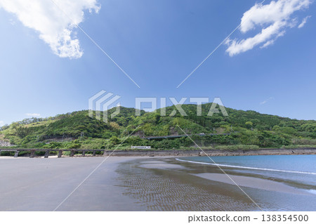 A JR Kyushu Nichinan Line Kiha 40 train runs across Sanno Beach in Nichinan City, Miyazaki Prefecture, under a clear blue sky. 138354500