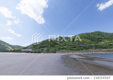 A JR Kyushu Nichinan Line Kiha 40 train runs across Sanno Beach in Nichinan City, Miyazaki Prefecture, under a clear blue sky. 138354507