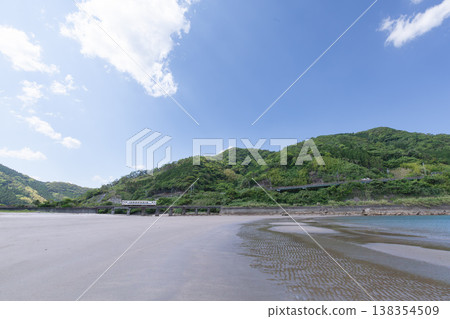 A JR Kyushu Nichinan Line Kiha 40 train runs across Sanno Beach in Nichinan City, Miyazaki Prefecture, under a clear blue sky. 138354509