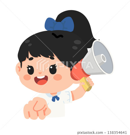 Girl student holding megaphone and pointing forward Girl student holding megaphone and pointing forward 138354641