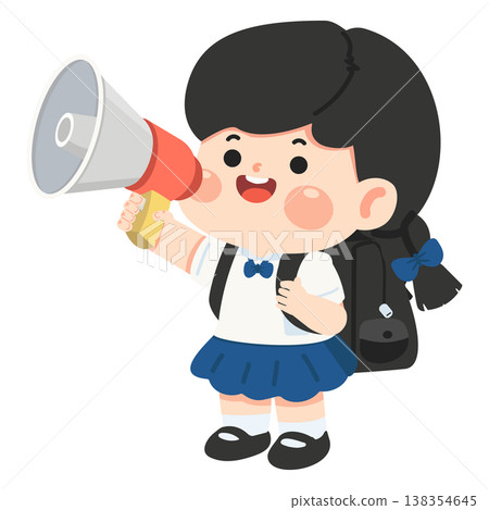 Girl student with megaphone and backpack speaking out 138354645