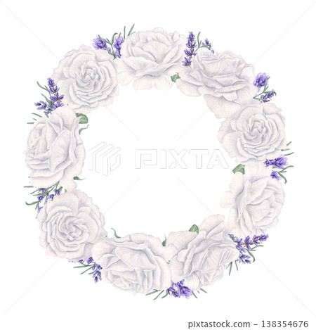 Watercolor white roses wreath decorated with purple Lavender flowers on isolated background. Floral template with empty space for text. Circle frame for bridal shower stationery, wedding design Watercolor white roses wreath decorated with purple Lavender flowers on isolated background. Floral template with empty space for text. Circle frame for bridal shower stationery, wedding design 138354676
