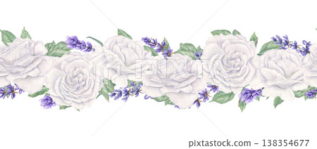 Watercolor intertwined white roses and purple Lavender flowers seamless banner on isolated background. Garden flowers and meadow herb ornate. Hand drawn floral wedding horizontal pattern Watercolor intertwined white roses and purple Lavender flowers seamless banner on isolated background. Garden flowers and meadow herb ornate. Hand drawn floral wedding horizontal pattern 138354677