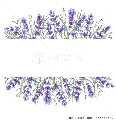 Watercolor purple Lavender flowers border on isolated background. Lilac wildflowers with leaves template. Empty space for text. Mediterranean summer wildflowers border for wedding invitations 138354679