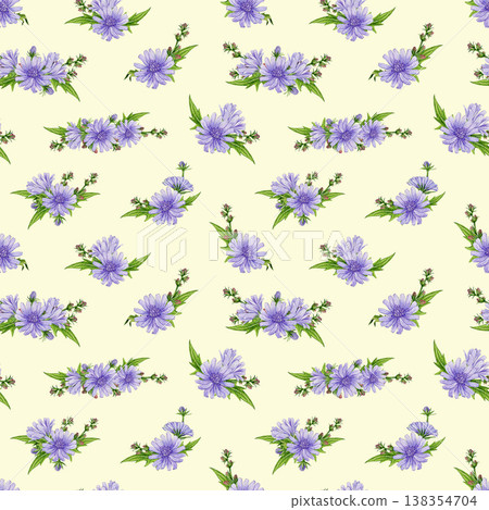 Chicory flowers with leaves seamless pattern decor element watercolor illustration. Hand drawn vintage style summer mood chicory meadow wildflower pattern design decoration in pastel colors Chicory flowers with leaves seamless pattern decor element watercolor illustration. Hand drawn vintage style summer mood chicory meadow wildflower pattern design decoration in pastel colors 138354704