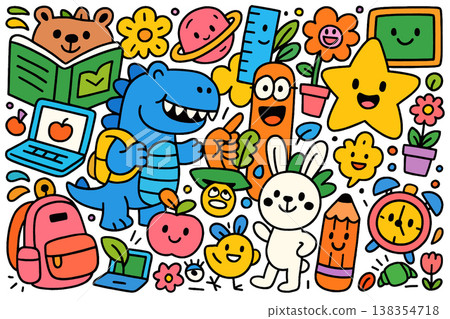 Dinosaur, rabbit, ruler, star, flower, and school supplies in cheerful cartoon doodle style 138354718