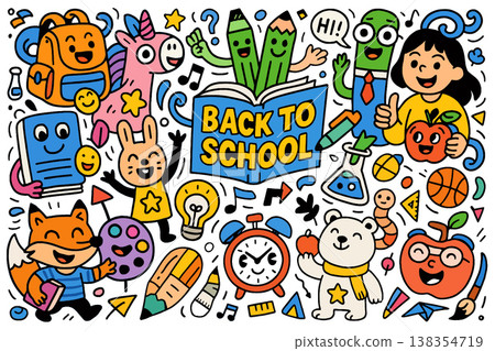 Back to school colorful doodle with happy children, animal, supplies, and playful elements 138354719