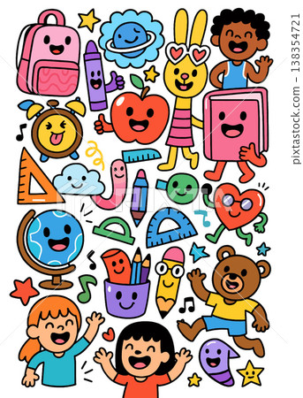 Colorful school doodle with happy children, school supplies, and playful cartoon characters Colorful school doodle with happy children, school supplies, and playful cartoon characters 138354721