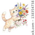 A watercolor illustration of a tabby cat holding a bouquet of flowers for Mother's Day, complete with a message. 138354738