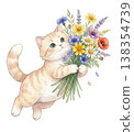 A watercolor illustration of a tabby cat holding a bouquet of flowers for Mother's Day. 138354739