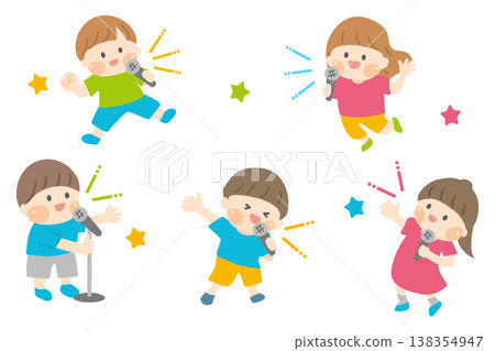 An illustration of energetic children singing into microphones. An illustration of energetic children singing into microphones. 138354947