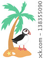 Cute Puffin Bird on Tropical Island - Summer Beach with Palm Tree Illustration 138355090