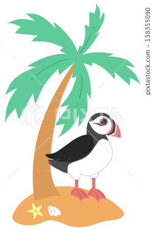 Cute Puffin Bird on Tropical Island - Summer Beach with Palm Tree Illustration 138355090