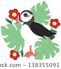 Cute Puffin Bird with Monstera Leaves and Red Flowers - Tropical Summer Illustration 138355091