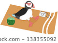 Cute Puffin Relaxing on Beach Mat - Summer Vacation with Coconut and Camera Illustration 138355092