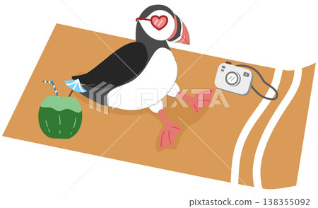 Cute Puffin Relaxing on Beach Mat - Summer Vacation with Coconut and Camera Illustration Cute Puffin Relaxing on Beach Mat - Summer Vacation with Coconut and Camera Illustration 138355092
