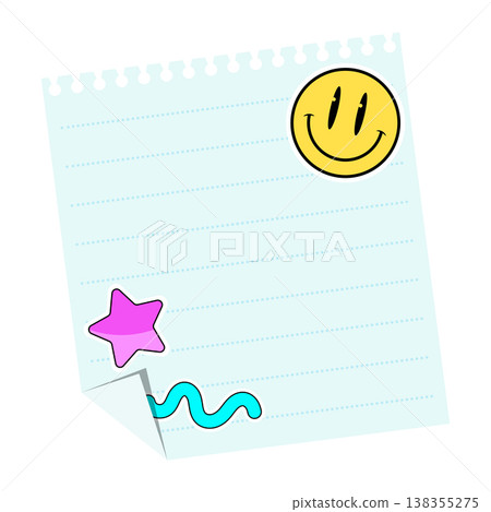 Fun colorful youth emoticons and stickers on a note sheet Fun colorful youth emoticons and stickers on a note sheet 138355275