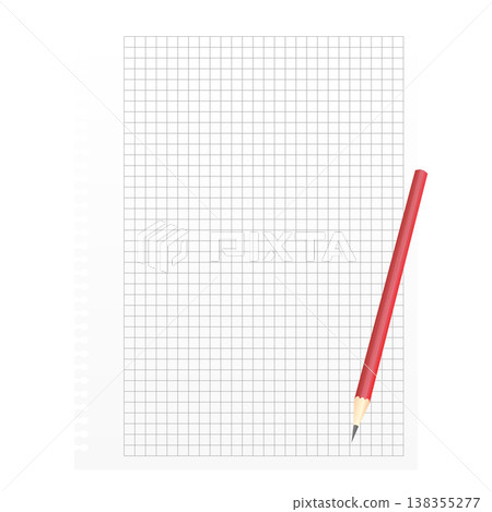 Red pencil and a large white sheet of paper in a grid 138355277