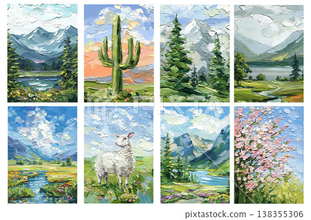Impasto landscape painting set with mountains lake cactus lamb cherry blossom and spring nature scenes 138355306