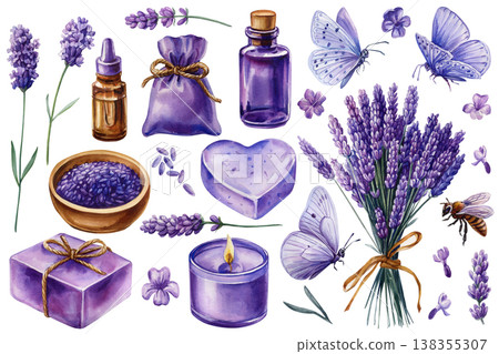 Lavender spa watercolor clipart set with bouquet oil candle soap butterflies and purple floral elements Lavender spa watercolor clipart set with bouquet oil candle soap butterflies and purple floral elements 138355307