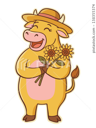 Cute smiling cow holding sunflowers. Vector isolated illustration Cute smiling cow holding sunflowers. Vector isolated illustration 138355374