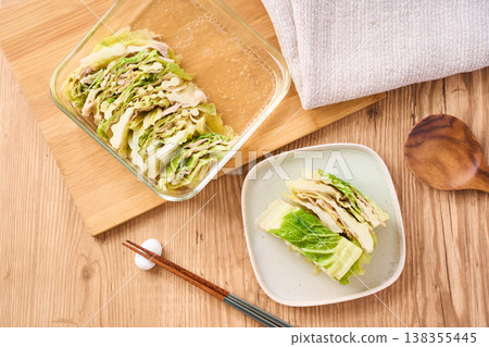Steamed pork belly and napa cabbage, served as a portion of home-style cooking. 138355445