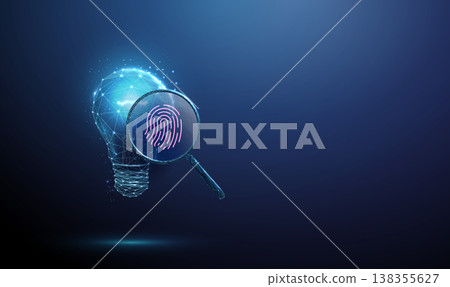 3d light bulb under magnifying glass with fingerprint inside. Idea verification, intellectual property check, secure research assessment, protected innovation concept. 138355627