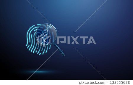 3d blue fingerprint under magnifying glass with DNA helix inside. Biometric genetic analysis, identity verification, DNA identification, forensic investigation concept. 138355628