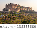 Mehrangarh Fort at the golden hour with the adjacent rocky landscape, Jodhpur, Rajasthan, India 138355680
