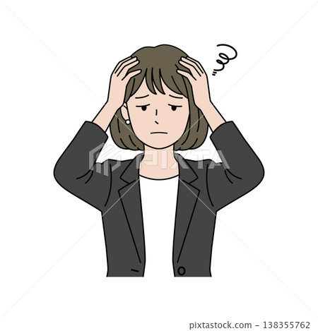 Vector illustration of a female business person with a troubled expression, holding her head in her hands. 138355762