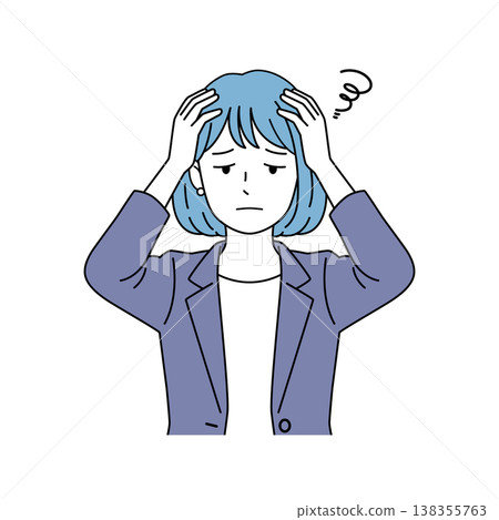 Vector illustration of a female business person with a troubled expression, holding her head in her hands. Vector illustration of a female business person with a troubled expression, holding her head in her hands. 138355763