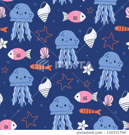Seamless pattern with cute funny sea animals. Vector graphics. Seamless pattern with cute funny sea animals. Vector graphics. 138355794