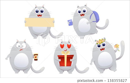 A set of flat vector images of cute kittens. Cat, flat, kitten, emotions, comic A set of flat vector images of cute kittens. Cat, flat, kitten, emotions, comic 138355827