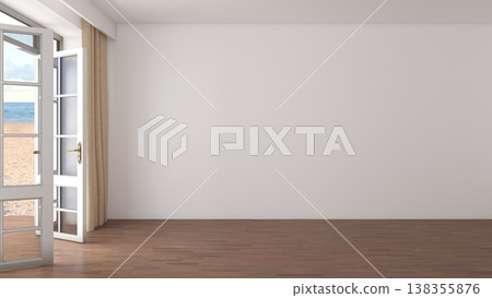 Empty Sunlit Room with Open Door to Beach and Ocean 138355876