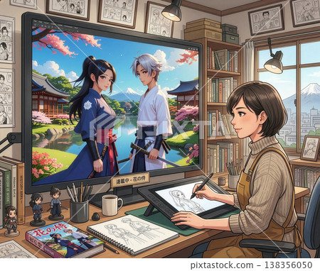 A scene of a manga artist drawing manuscripts at their work desk. A scene of a manga artist drawing manuscripts at their work desk. 138356050
