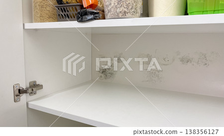 Harmful black mold growing on kitchen cabinet shelves near stored food due to dampness and humidity Harmful black mold growing on kitchen cabinet shelves near stored food due to dampness and humidity 138356127