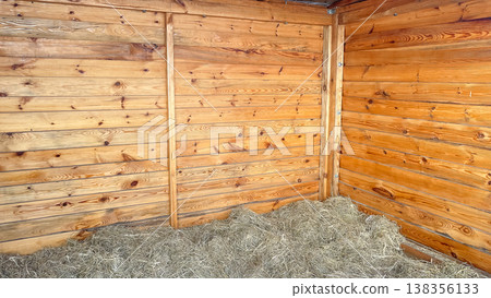Rustic barn interior featuring warm wooden plank walls and a thick layer of dry hay on the floor 138356133