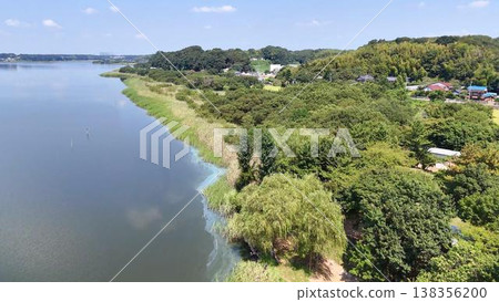 [Aerial view] A beautiful lakeside landscape with the blue sky reflected on the water's surface and lush greenery. 138356200