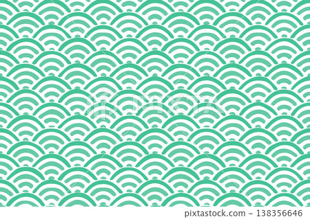 Hand-drawn style green Seigaiha wave pattern background, cute Japanese traditional pattern Hand-drawn style green Seigaiha wave pattern background, cute Japanese traditional pattern 138356646