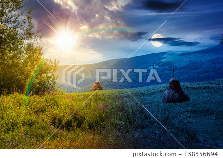 rural landscape with field on the hill. day and night harmony concept. alpine scenery with haystack under sun and moon. mountainous countryside hayfield during summer. equality and shift template 138356694