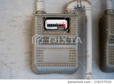 Curves of the gas pipe on the background wall. Multiple city gas meters. Korea Curves of the gas pipe on the background wall. Multiple city gas meters. Korea 138357030