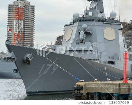 The Japan Maritime Self-Defense Force's state-of-the-art Aegis destroyer, the Maya, docked at Yokosuka Port. March 17, 2026, Yokosuka City, Japan. 138357039