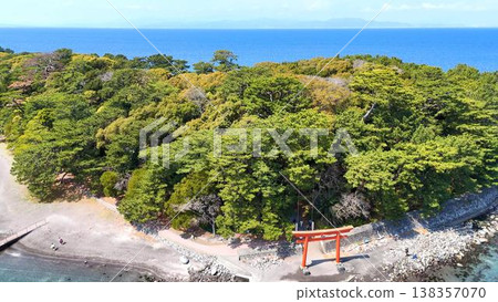 [Izu Scenic Views] Aerial view of Toda Port, surrounded by beautiful sea and greenery, and the red torii gate and visitors of Moroguchi Shrine. 138357070