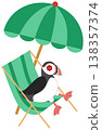 Cute Puffin Sitting on Deck Chair Under Umbrella - Summer Vacation Beach Illustration 138357374