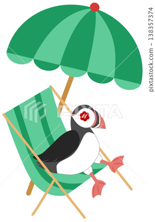 Cute Puffin Sitting on Deck Chair Under Umbrella - Summer Vacation Beach Illustration Cute Puffin Sitting on Deck Chair Under Umbrella - Summer Vacation Beach Illustration 138357374