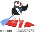 Cute Puffin Bird Surfing on Red Surfboard - Summer Water Sports Illustration 138357375