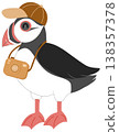 Cute Puffin Bird Tourist with Camera and Cap - Summer Travel and Sightseeing Illustration 138357378