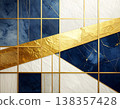 A modern Japanese geometric background featuring gold leaf scattered across indigo and white washi paper, clean abstract elements, and a retouched, generated AI illustration. 138357428