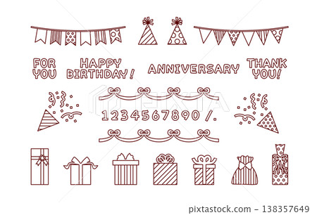 可愛的線條藝術插圖，可用於慶祝裝飾，例如禮物和花環——非常適合生日和周年紀念。 138357649
